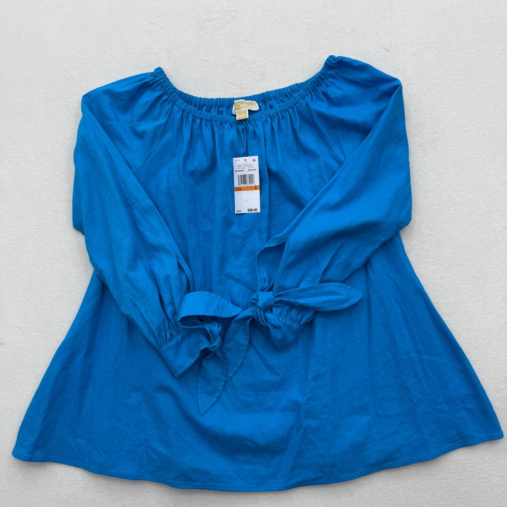 Michael Kors Women's S Blue Long Sleeve Tie Off The Shoulder Top Linen Blend